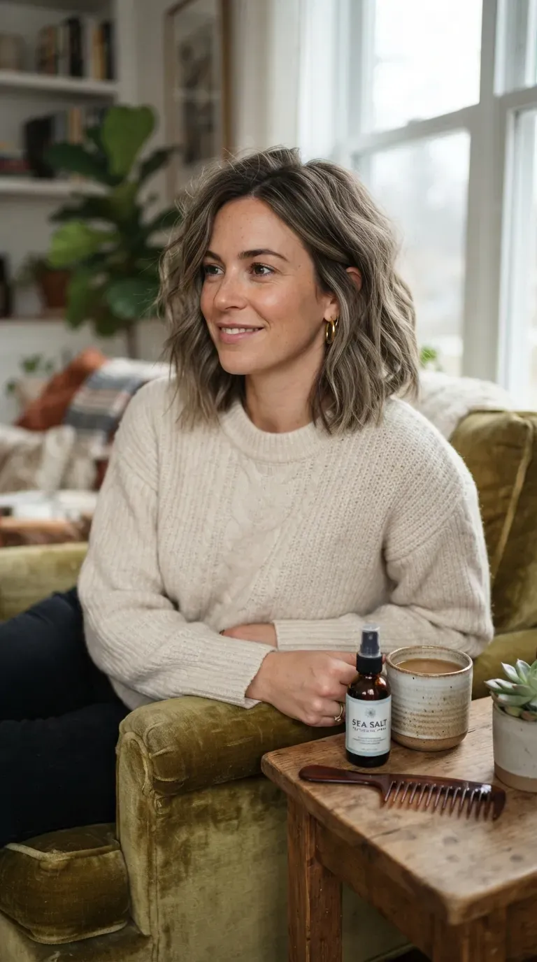 Woman with an undone wavy choppy bob styled with loose, uneven waves