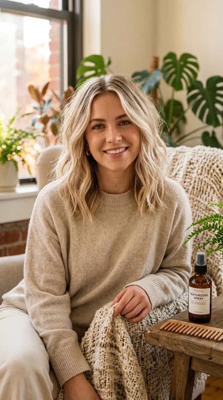 Textured lob haircut with soft vanilla blonde balayage throughout