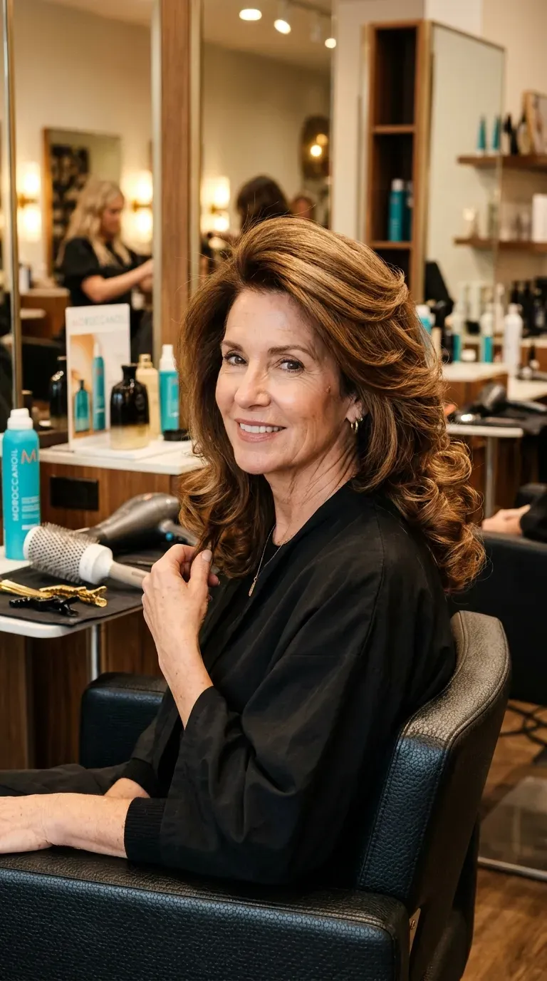 Mature woman with a full voluminous blowout showing layered movement at the crown