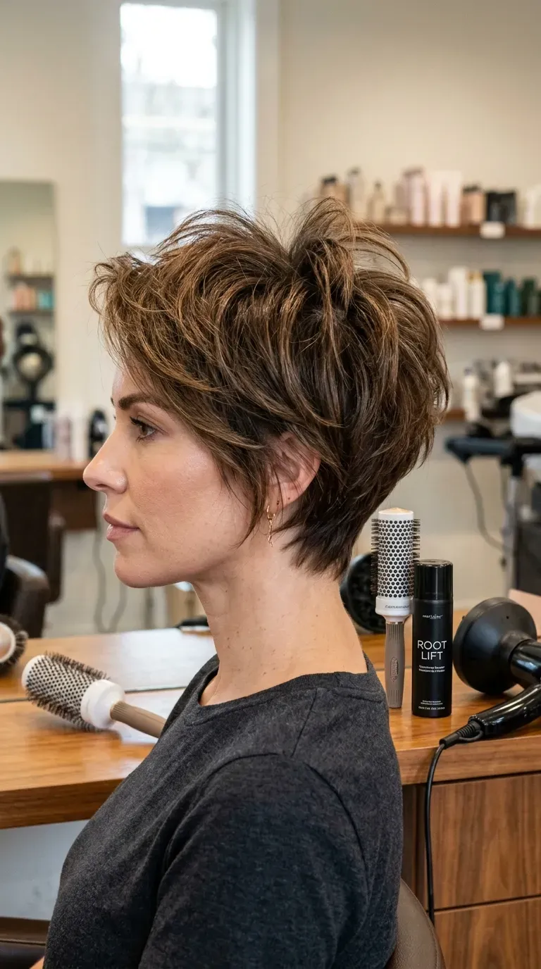 Woman with a voluminous cropped shag pixie styled with lifted roots