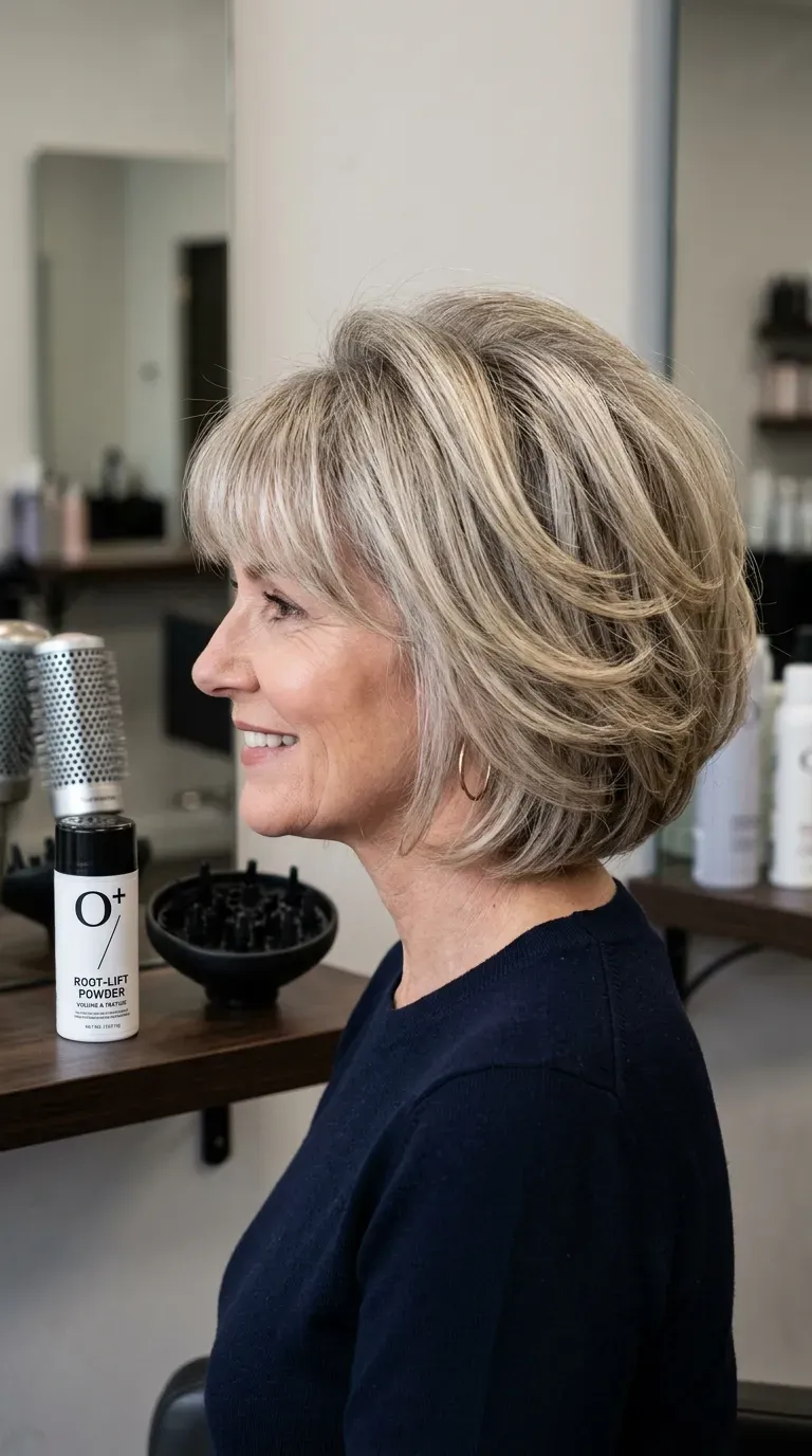 Woman over 50 with a voluminous layered bob and soft bangs styled with lifted roots