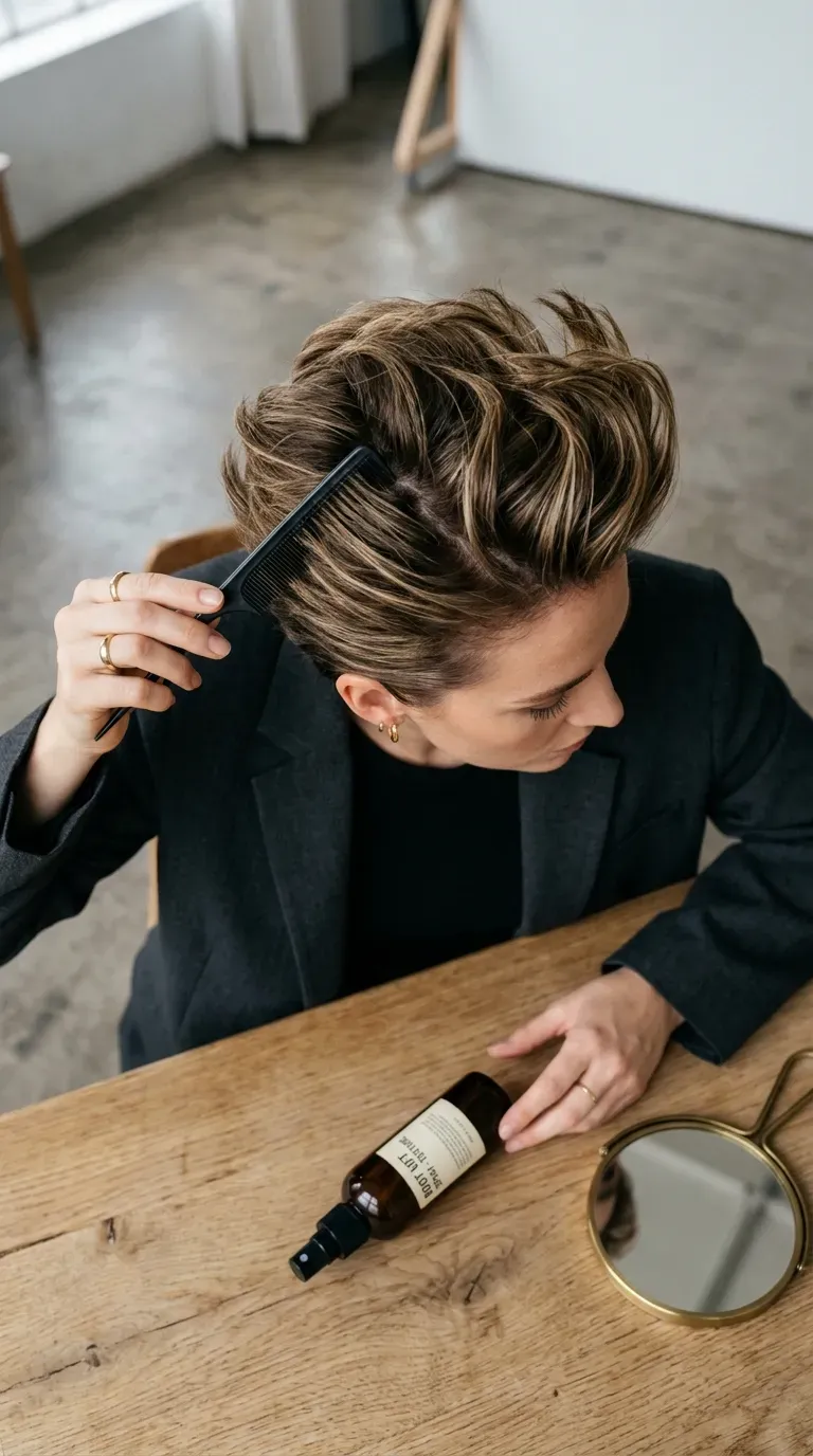 Woman with a voluminous layered crop styled with height at the crown