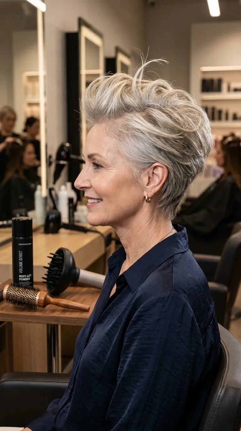 Woman over 60 with a voluminous pixie crop styled with lifted roots