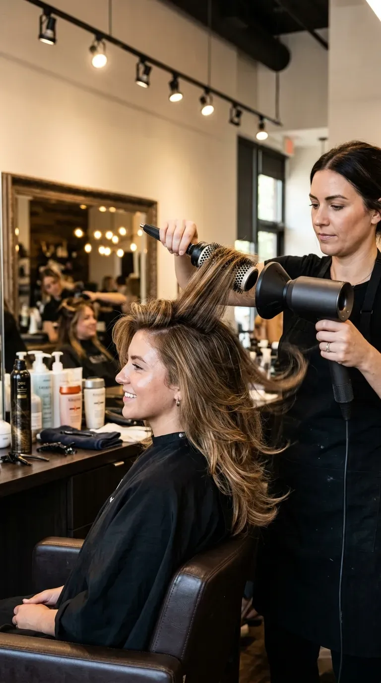 Woman over 50 getting a voluminous round-brush blowout on layered hair