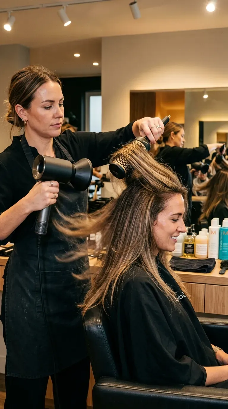 Woman over 50 getting a voluminous round-brush blowout on long layered hair