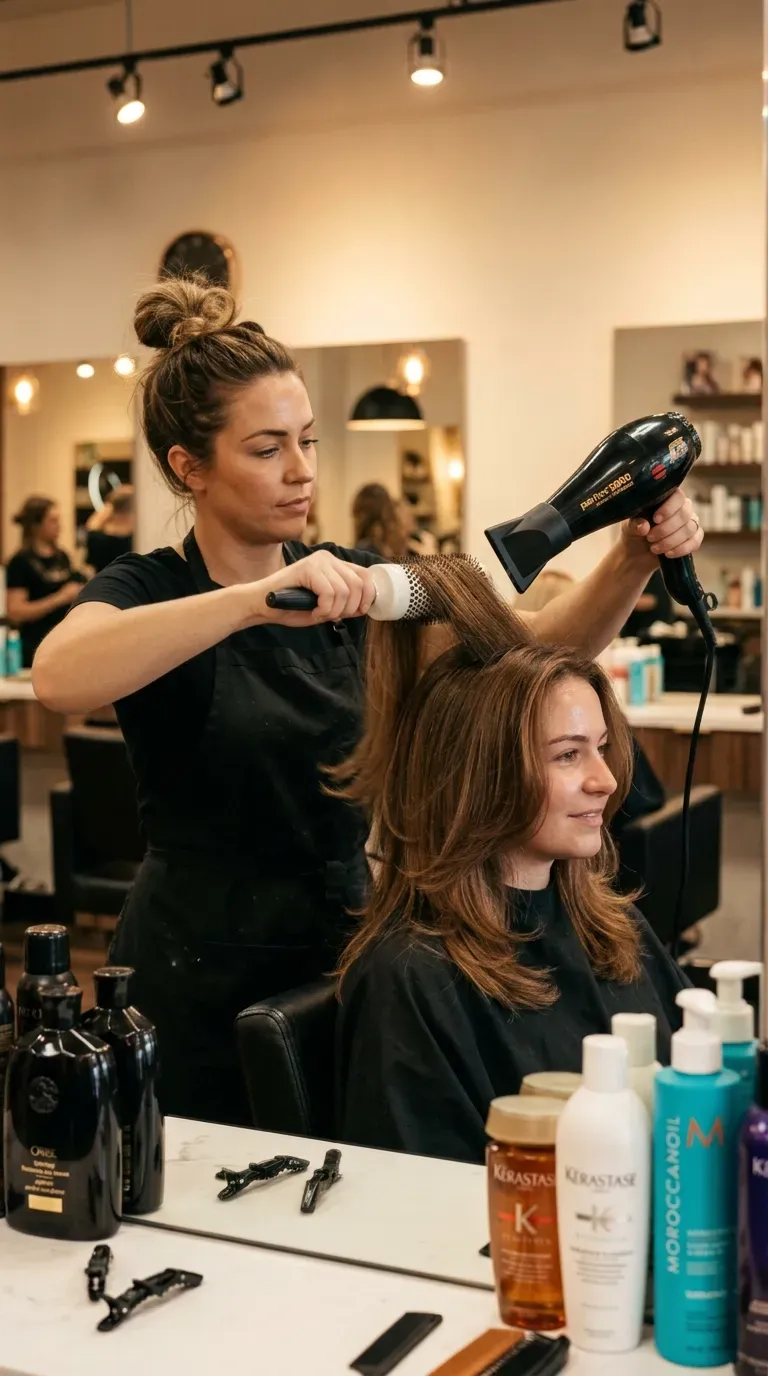 Woman over 40 getting a voluminous round-brush blowout on medium length layered hair
