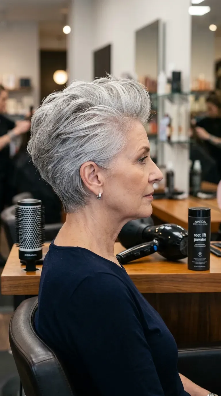 Woman over 70 with a voluminous short crop styled with lifted roots