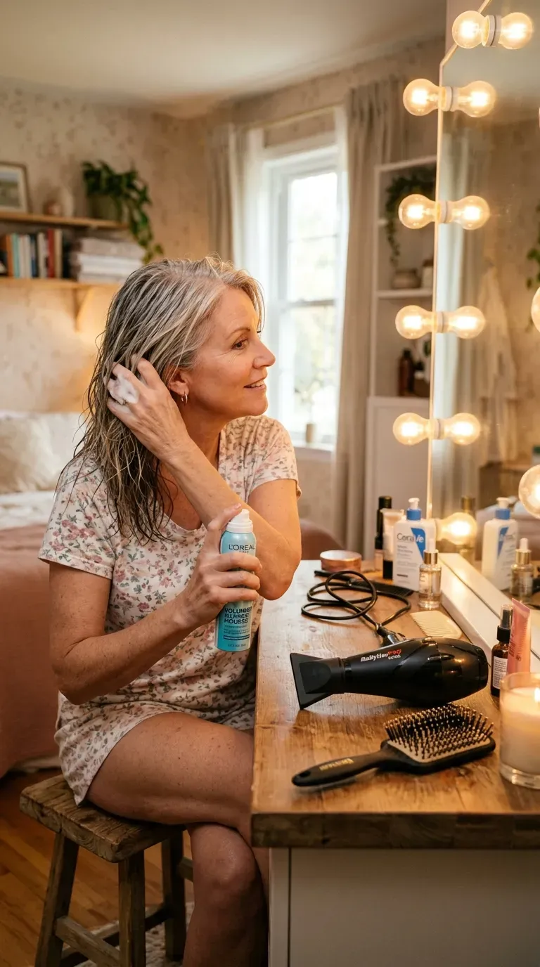 Woman over 50 with fine hair applying volumizing mousse to layered hair for all-day body