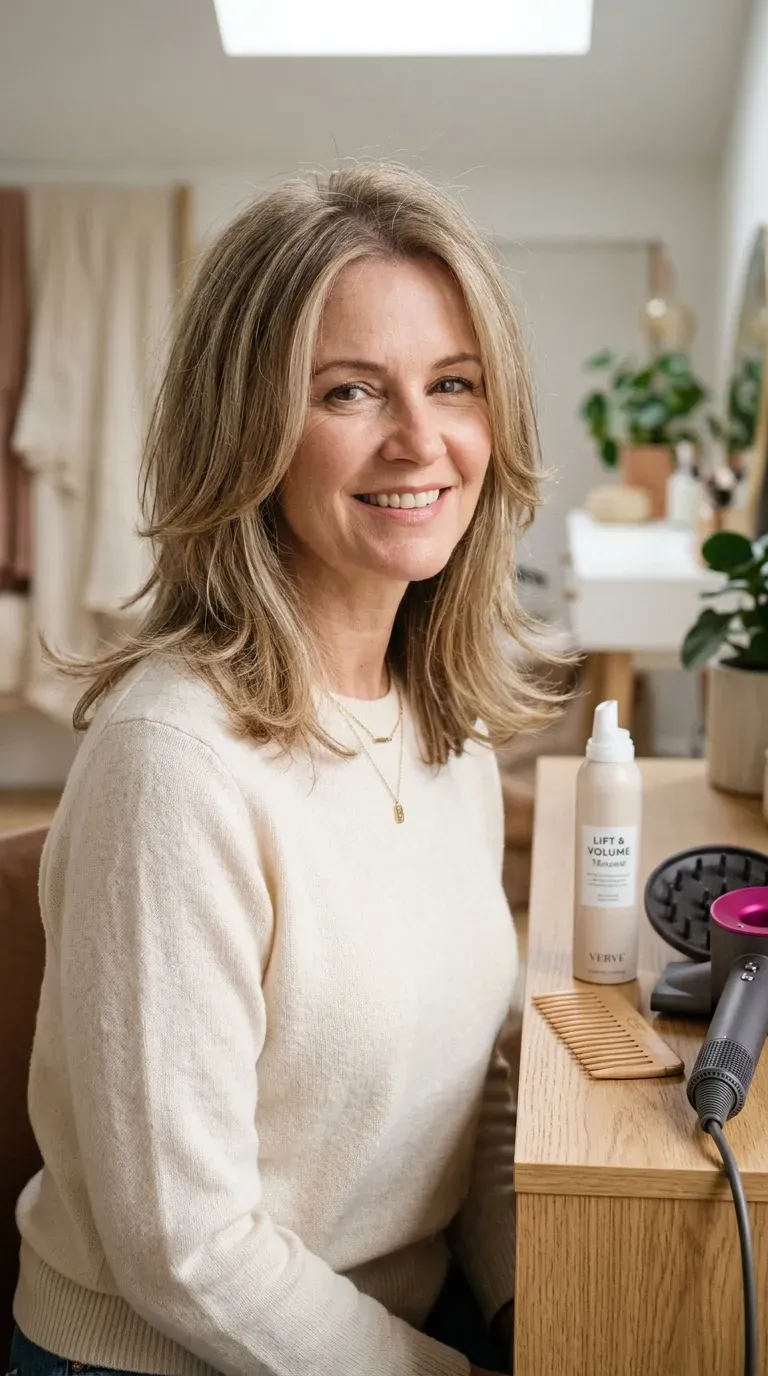 Fine, layered hair styled with mousse for added volume and root lift