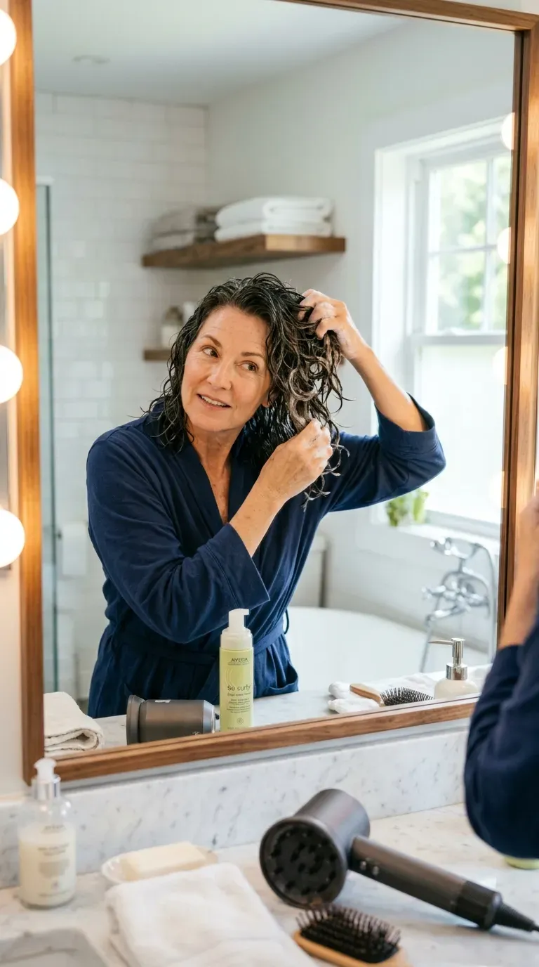 Older woman scrunching mousse through voluminous layered hair for texture