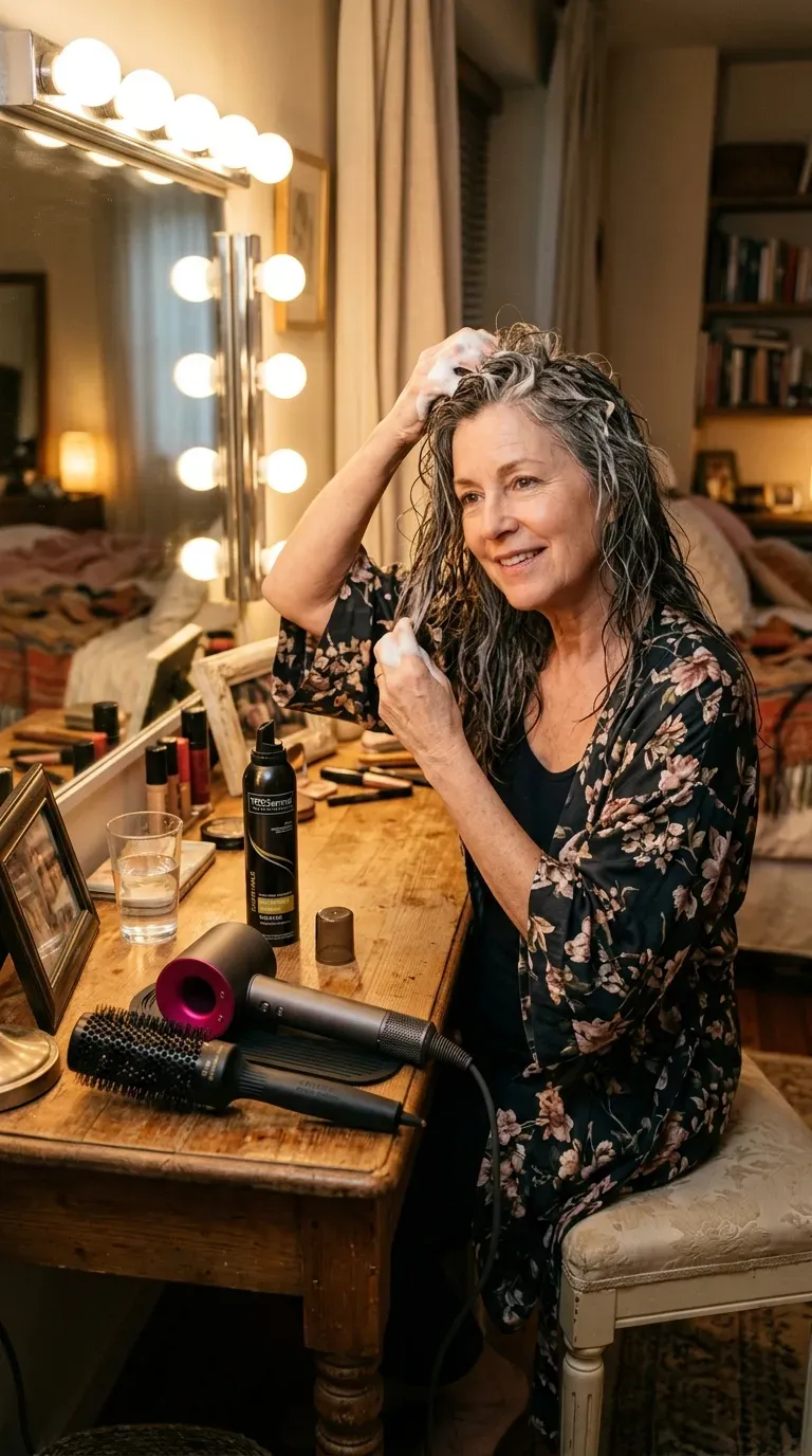 Woman over 50 setting long layered hair with volumizing mousse for all-day lift