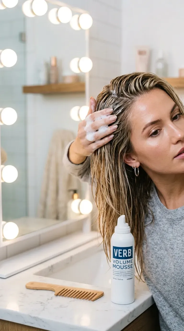 Woman over 50 applying volumizing mousse to roots of layered hair