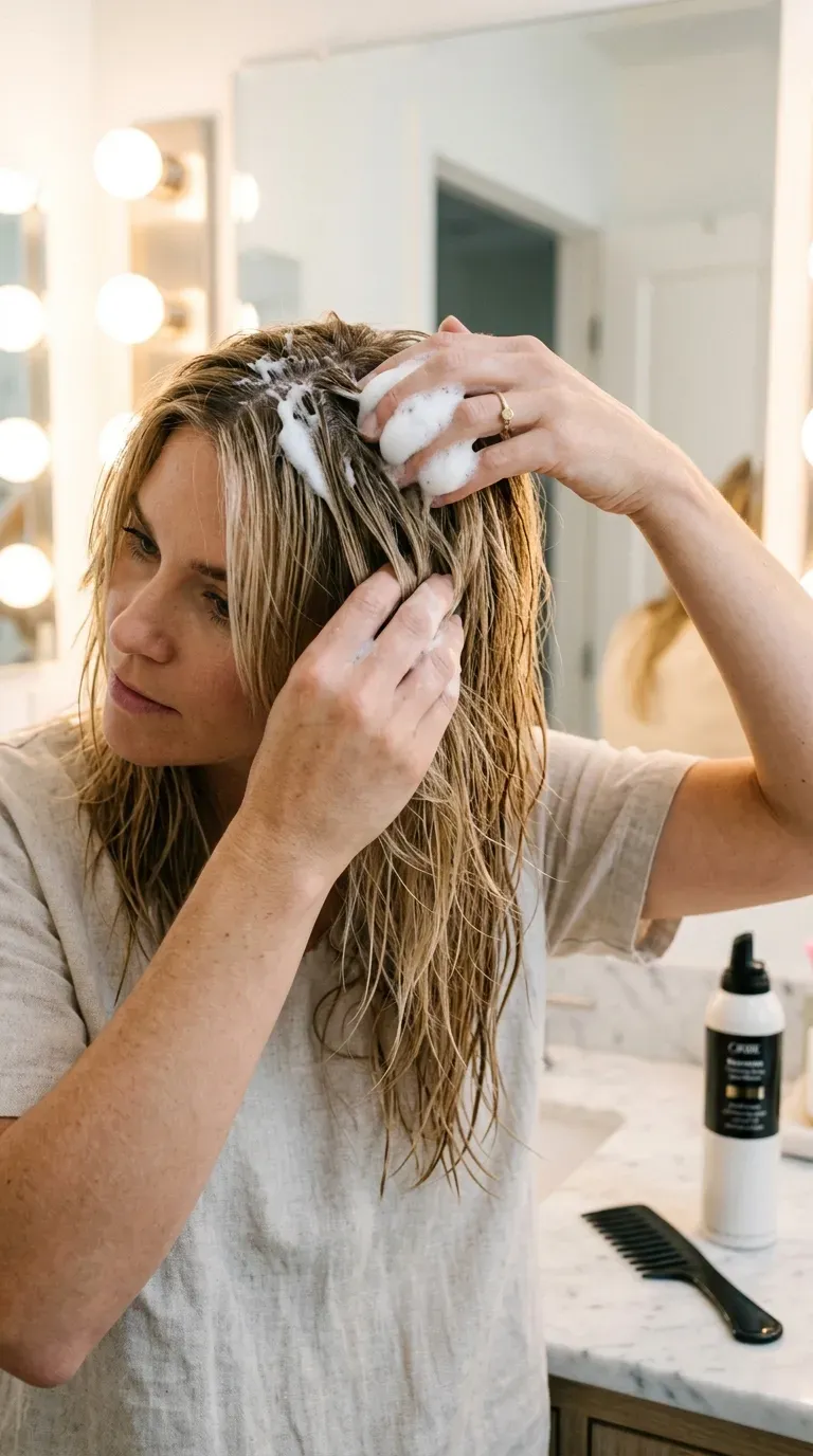 Woman over 40 applying volumizing mousse to roots of medium length layered hair
