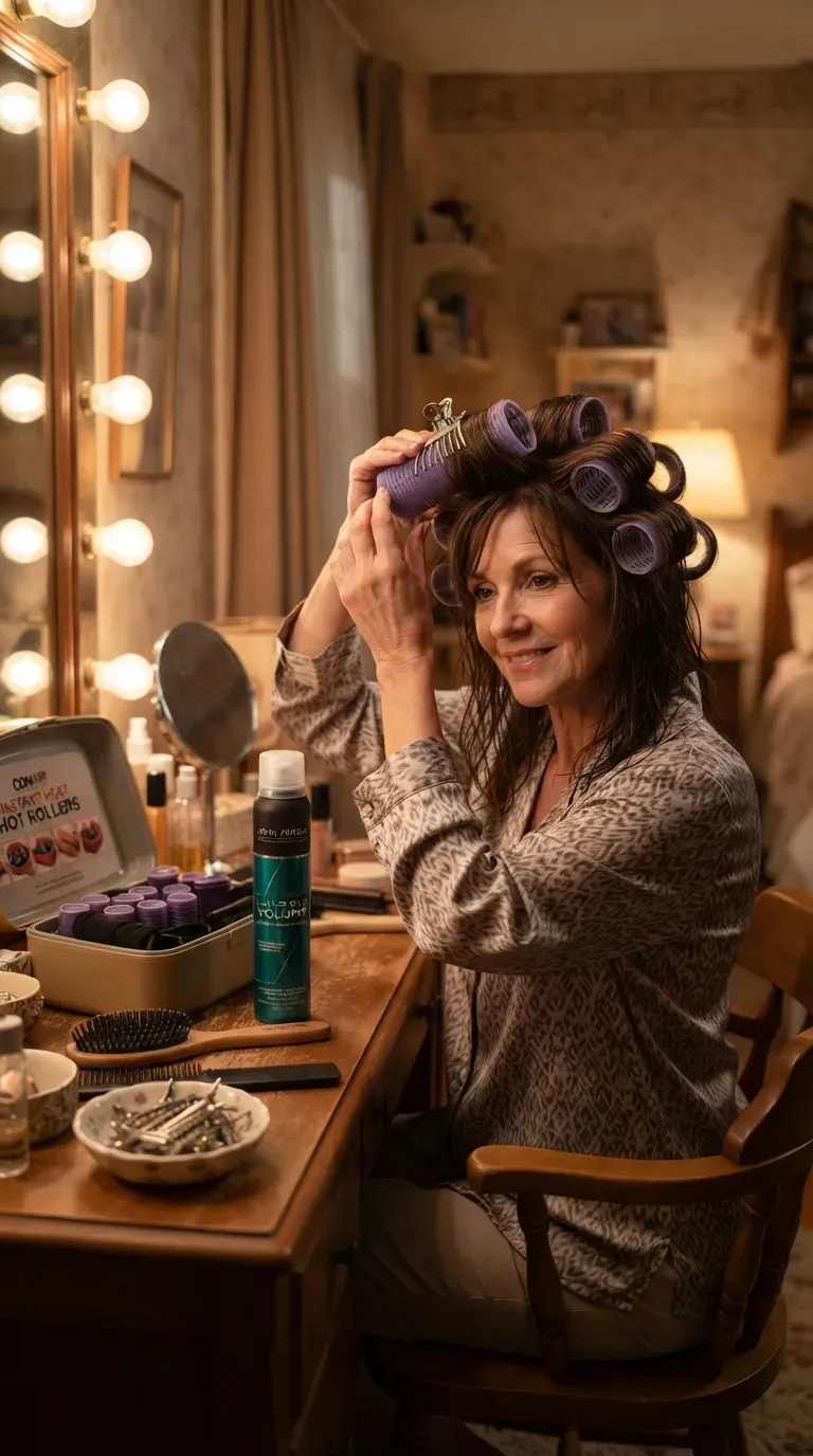 Woman over 50 setting medium layered hair with volumizing mousse and large hot rollers