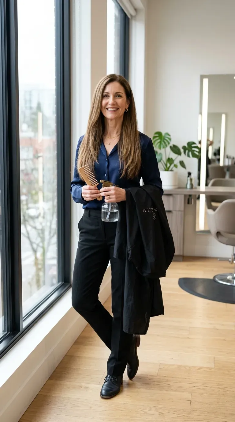 Woman over 50 with waist-length straight layered hair styled with minimal bulk