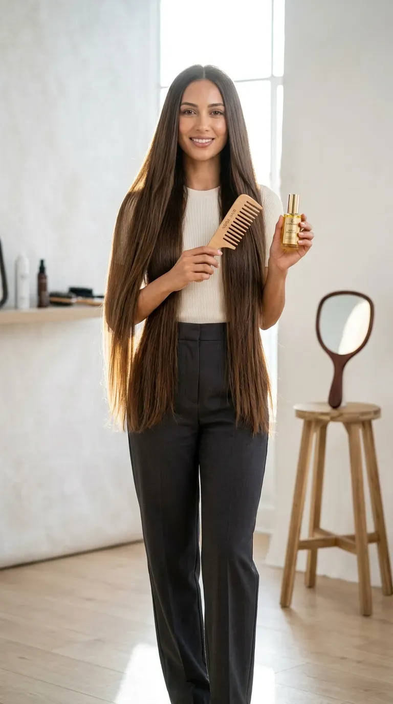 Woman with waist-length straight hair featuring subtle barely-there layers