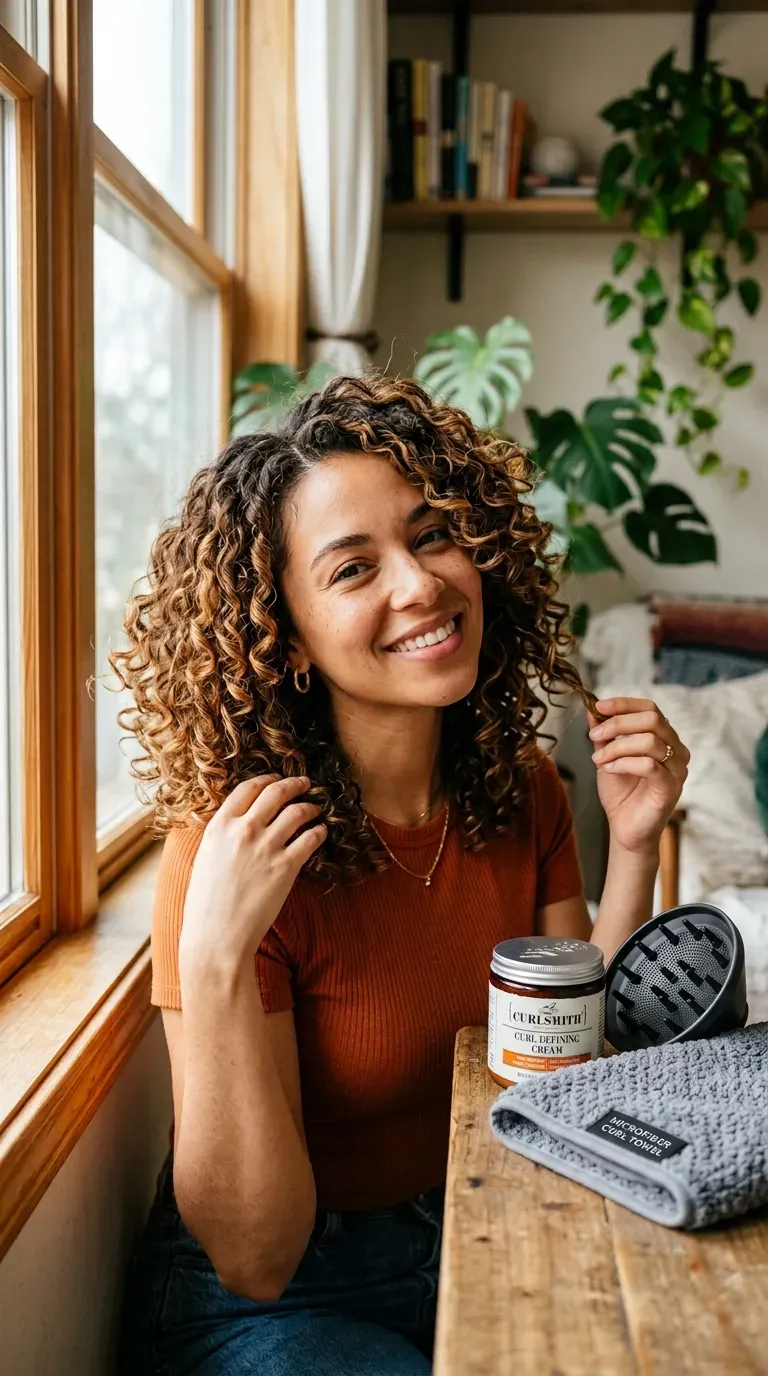 Curly bob haircut with warm brown balayage highlighting natural curl pattern