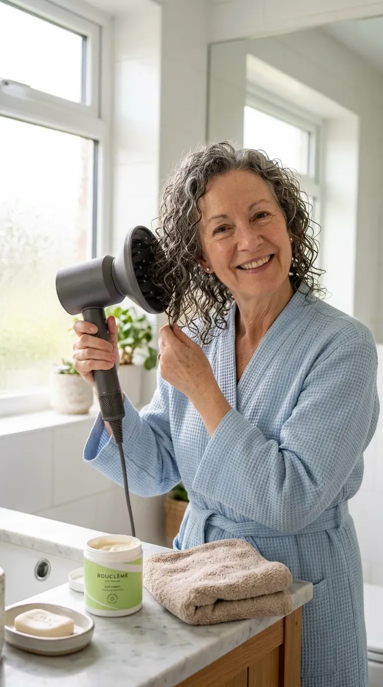 Woman over 60 with naturally curly hair styled in wash and go layers using a diffuser