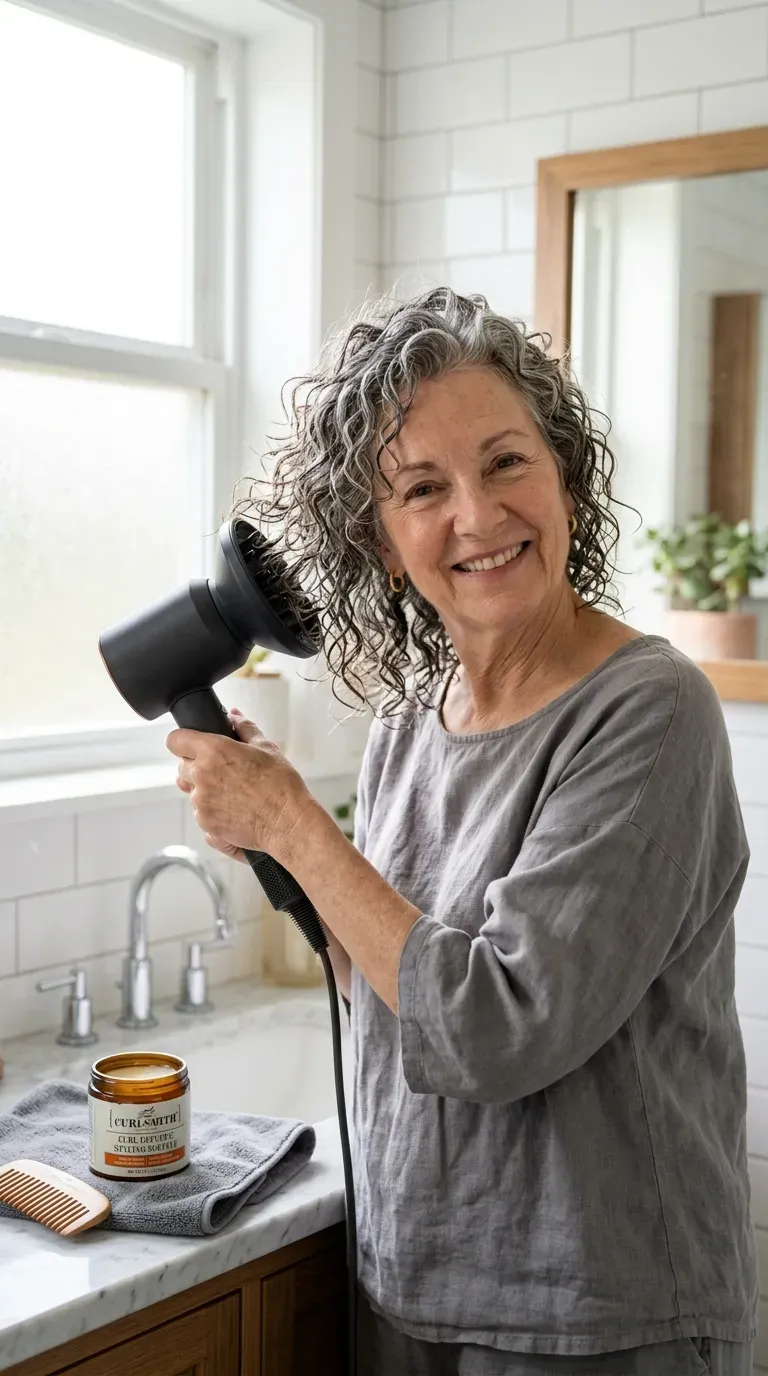 Woman over 60 with naturally curly thin hair styled in wash and go layers using a diffuser