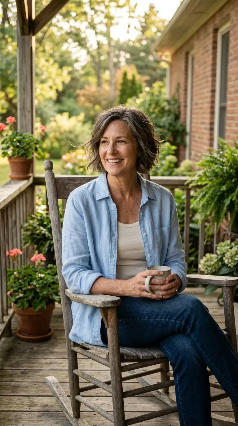 Mature woman with an easy wash-and-go layered bob air-drying naturally