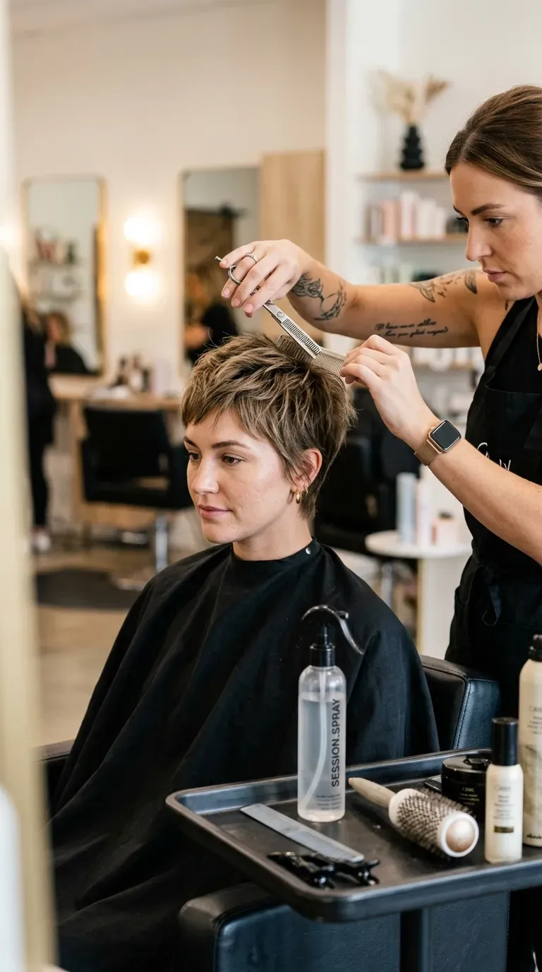 Woman over 50 with wash-and-go layered haircut ready for busy mornings