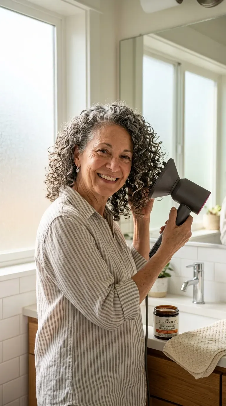 Woman over 70 with naturally curly long hair styled in wash and go layers using a diffuser