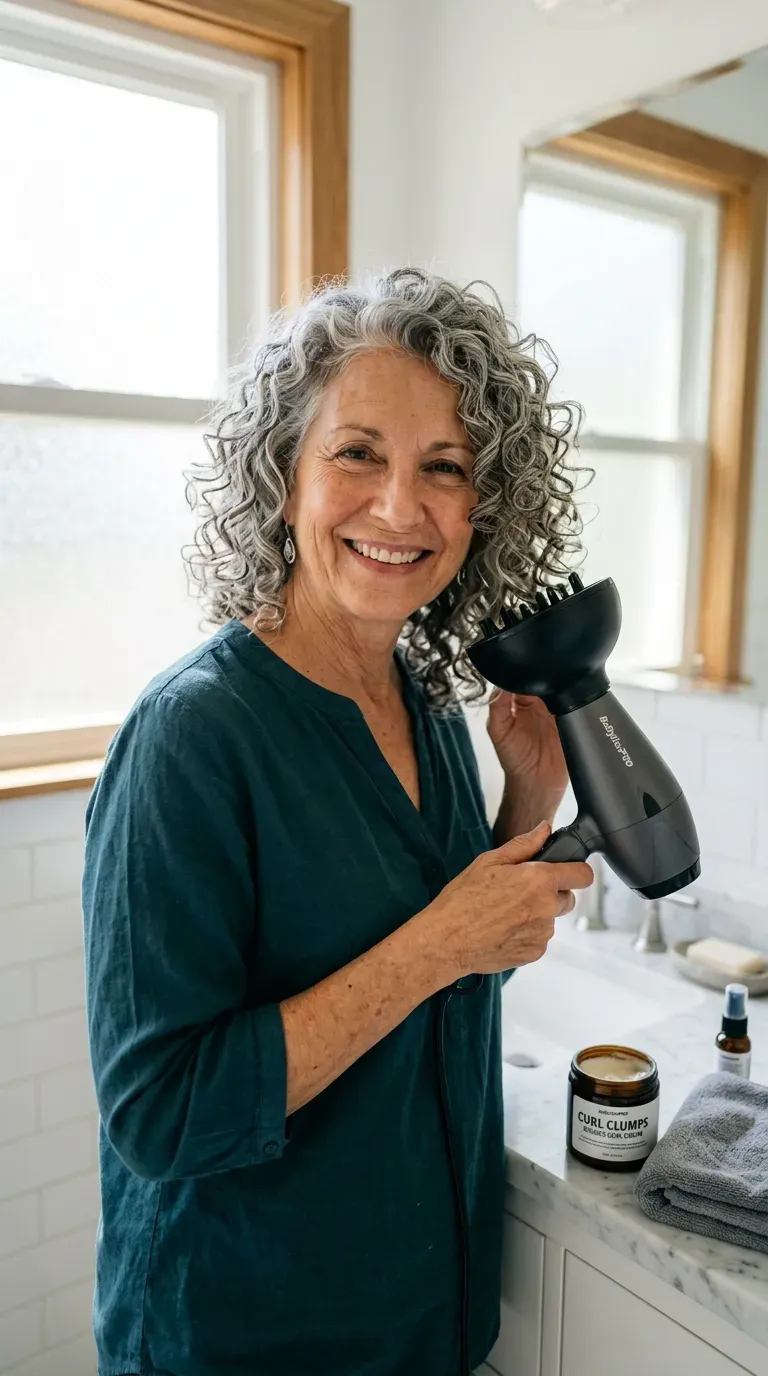 Woman over 60 with naturally curly long hair styled in wash and go layers using a diffuser