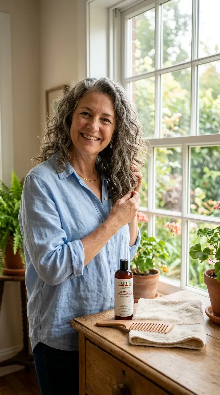 Woman over 50 with wash-and-go long layered hair styled with minimal morning effort