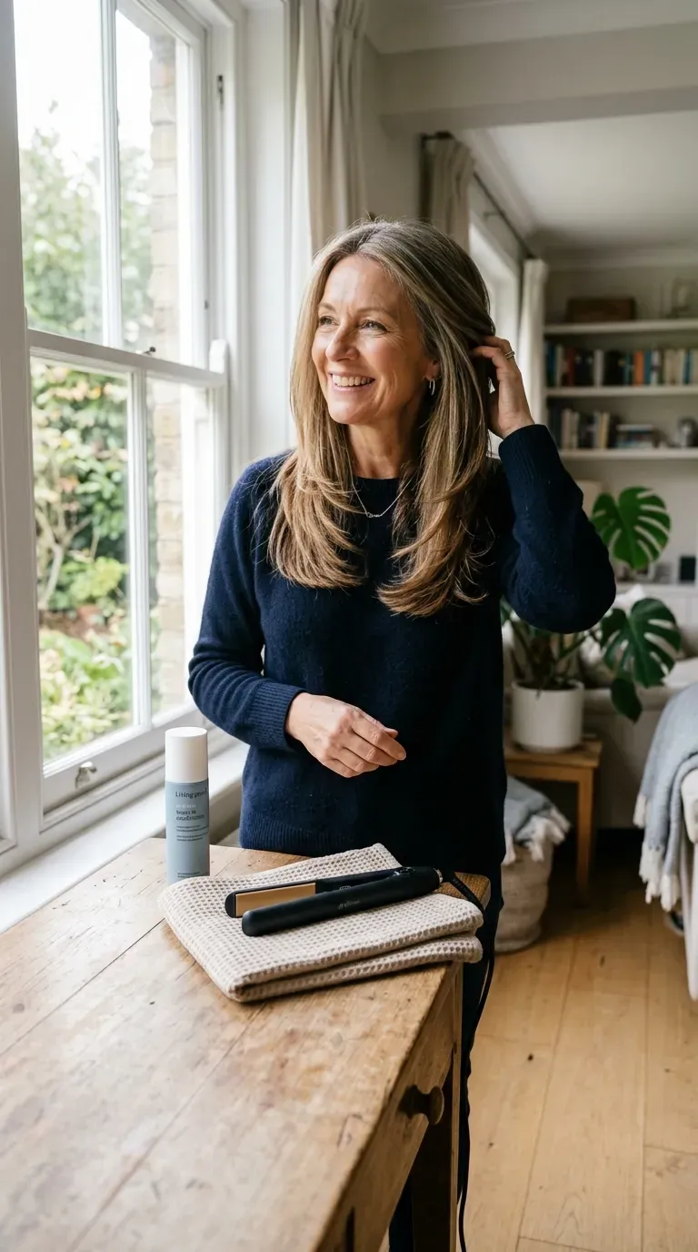 Woman over 50 with wash-and-straighten long layered hair styled for busy mornings