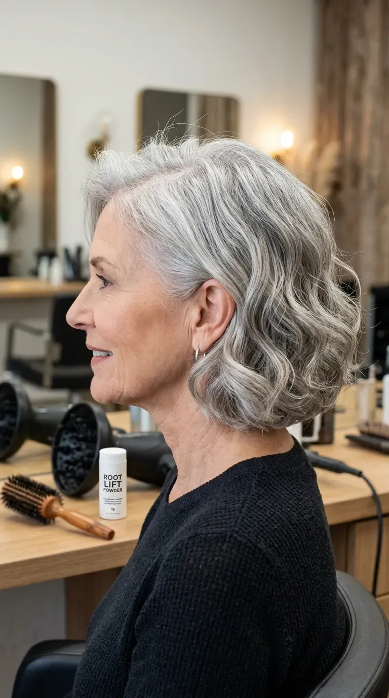 Woman over 70 with a wavy bob styled with extra volume at the crown