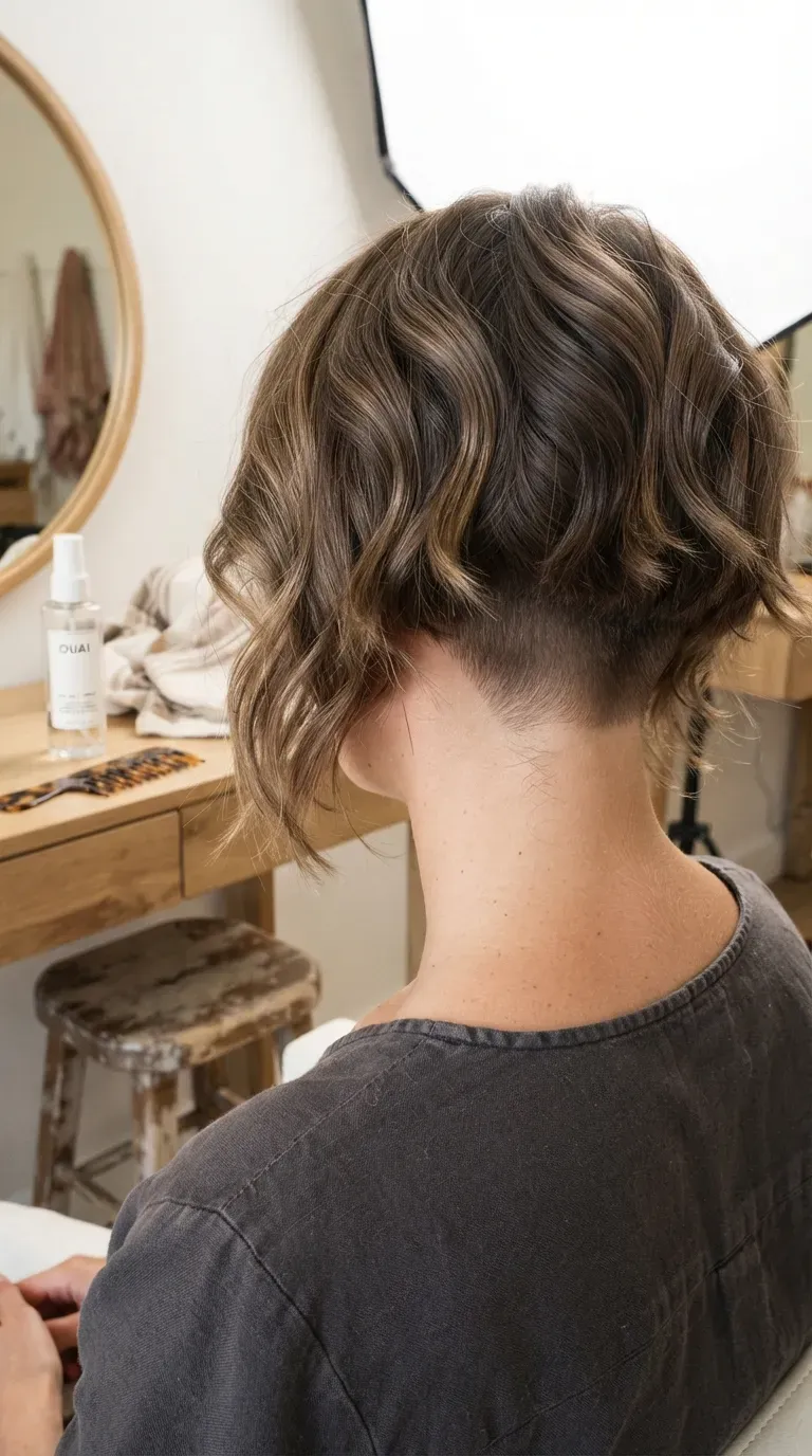 Over-the-shoulder view of a wavy choppy bob with a subtle undercut at the nape