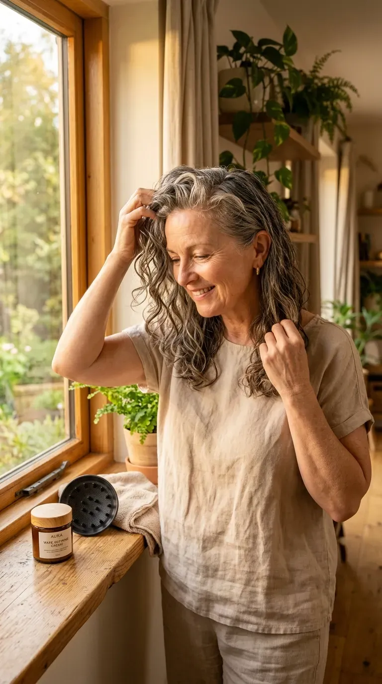 Woman over 50 air-drying wavy front layers with a natural bend near the face