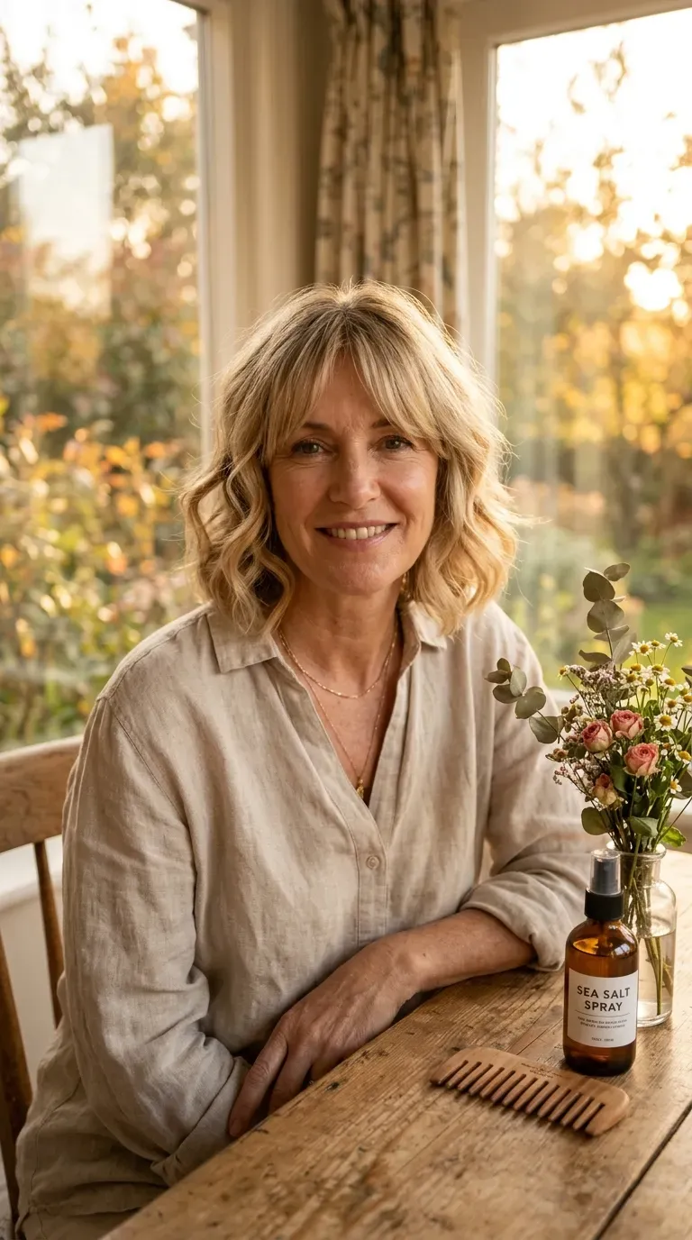Woman over 50 with a wavy layered bob and soft curtain bangs parted at the center