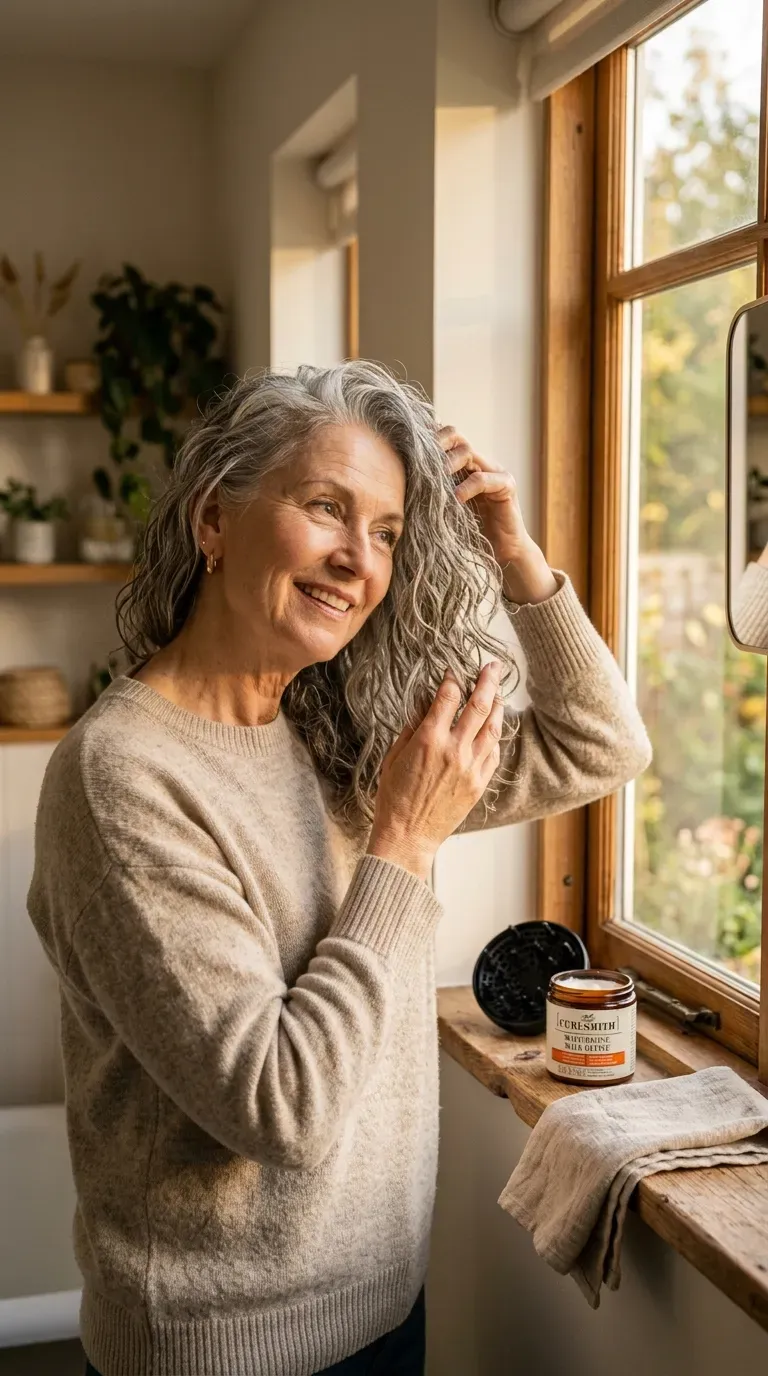 Woman over 50 air-drying fine wavy layered hair for texture without added weight