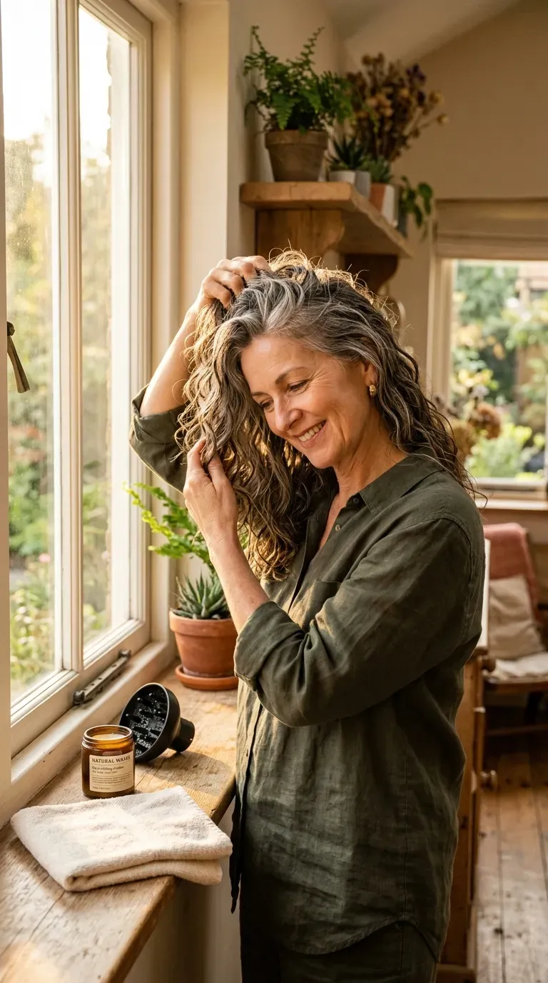 Woman over 50 air-drying wavy long layered hair with natural movement