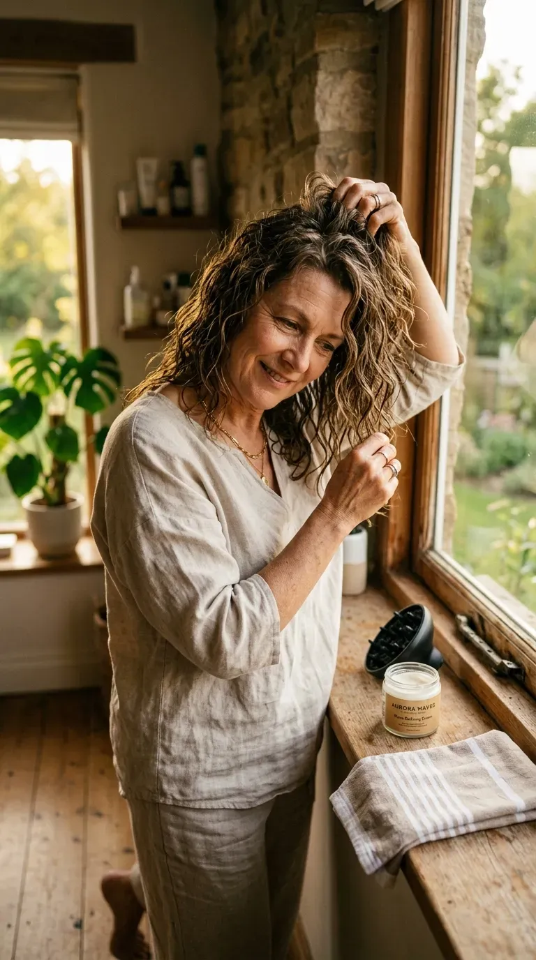 Woman over 50 air-drying wavy medium layered hair with natural texture