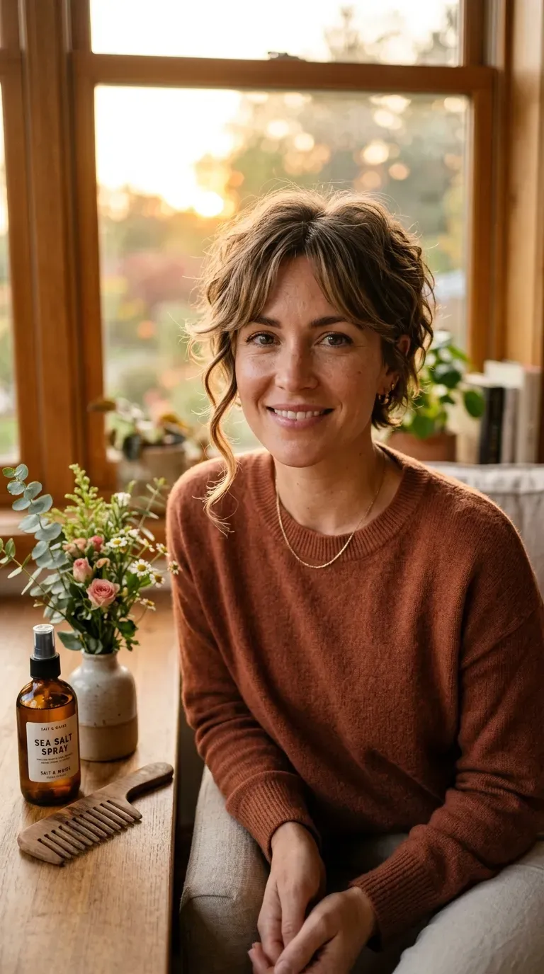 Woman with a wavy shag pixie and soft curtain fringe parted at the center