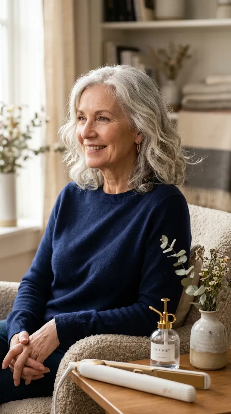 Woman over 70 with a wavy, shoulder-length haircut styled with soft movement