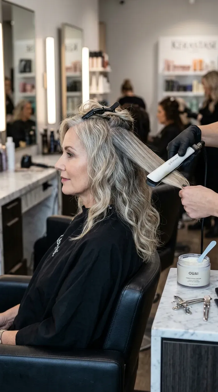 Woman over 50 with naturally wavy long layered hair smoothed straight for a sleek look