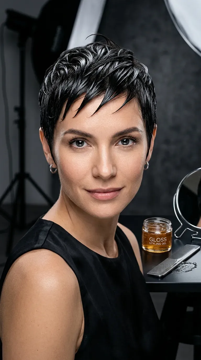 Wet-look styled spiky pixie haircut for a glossy edgy finish on older women