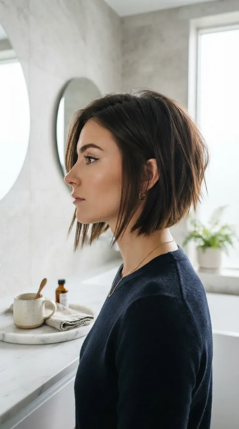 Woman with a choppy bob and soft, wispy bangs framing the forehead