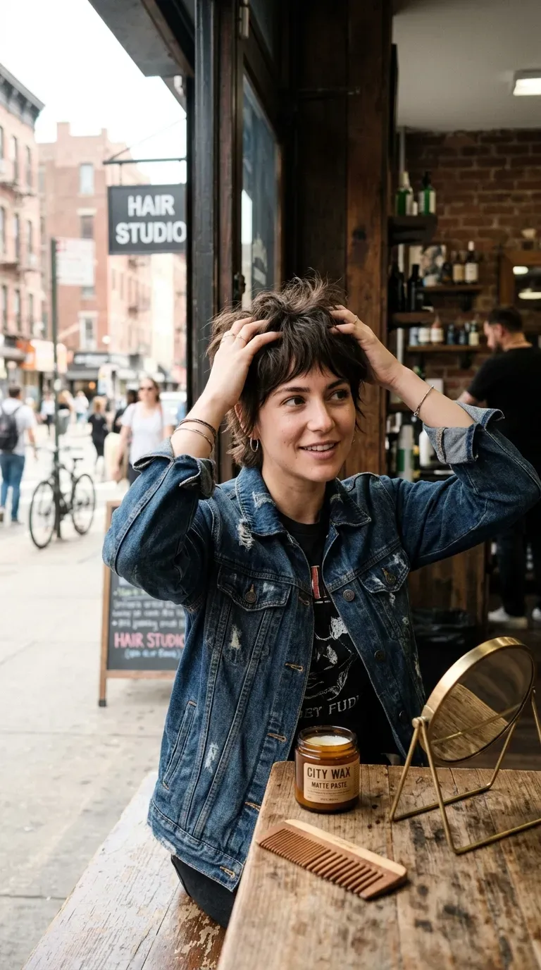 Woman with wispy bangs and a choppy pixie cut showing soft texture