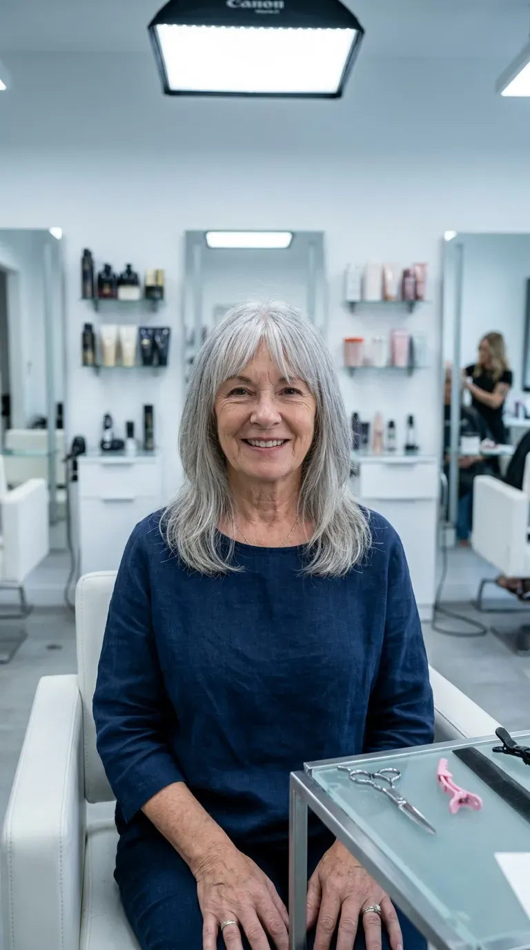 Woman over 60 with a wispy curtain fringe blending seamlessly into longer layers