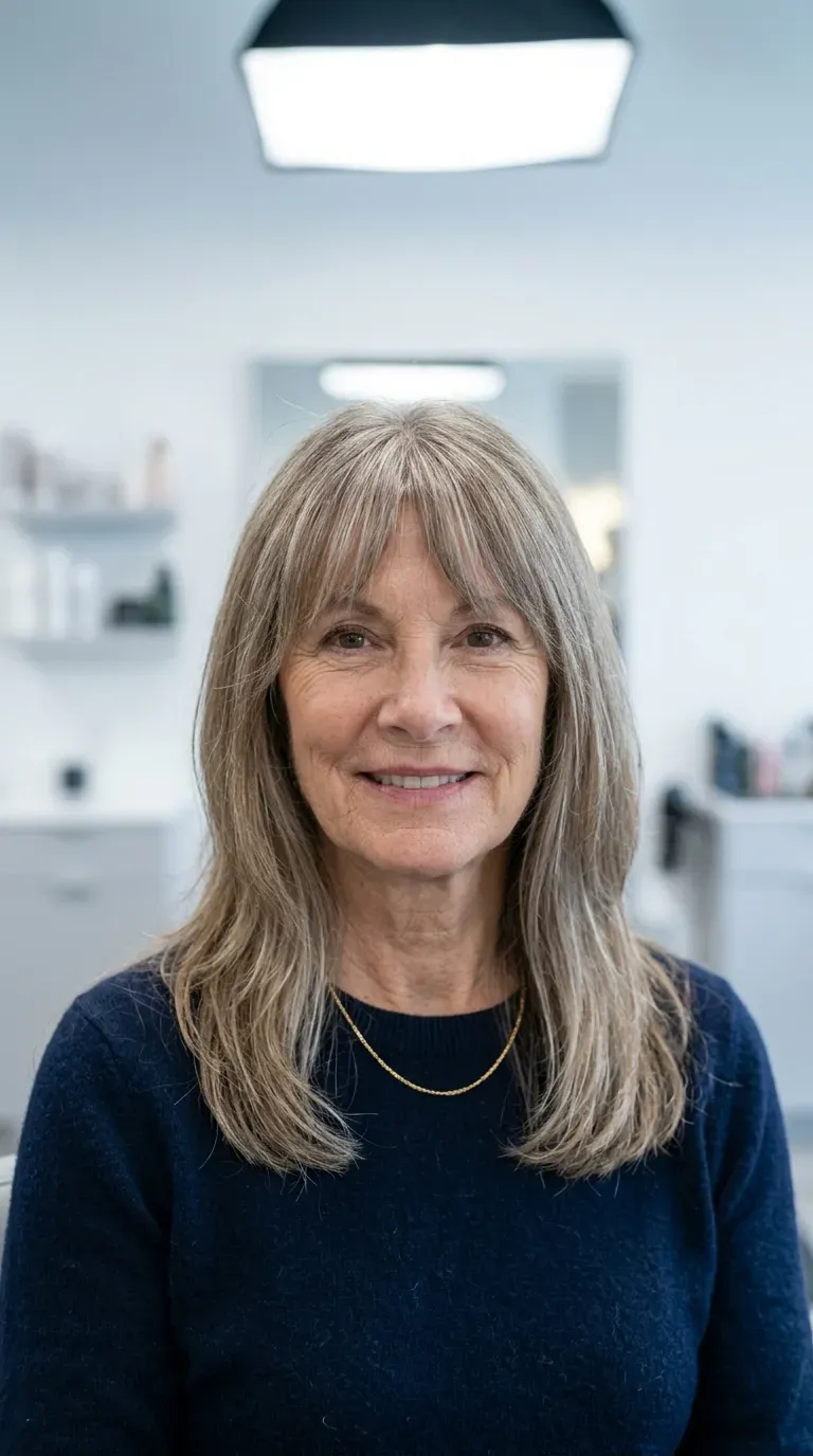 Woman over 60 with a wispy curtain fringe blending seamlessly into longer front layers