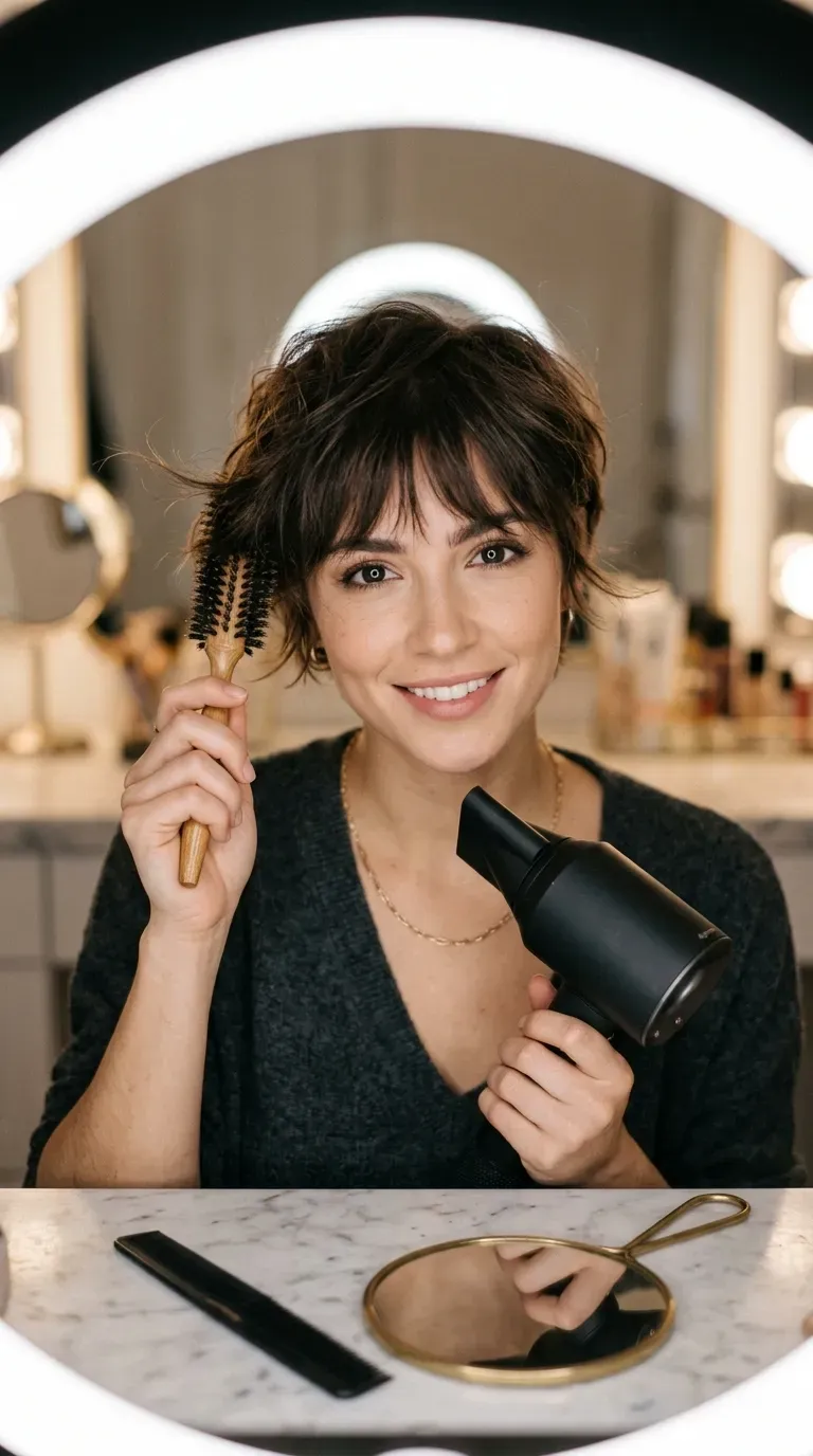 Woman with a wispy pixie cut and soft bangs framing fine hair