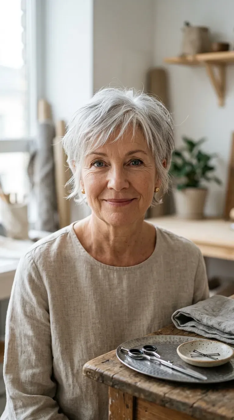 Woman over 60 with a wispy pixie showing soft, feathery layers throughout