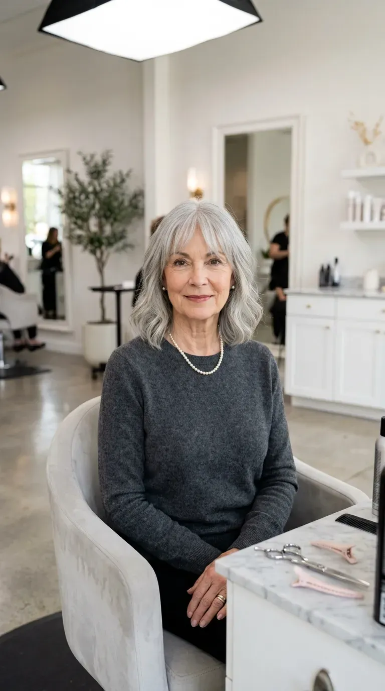 Elegant woman over 70 with a wispy fringe blending gently into her front layers