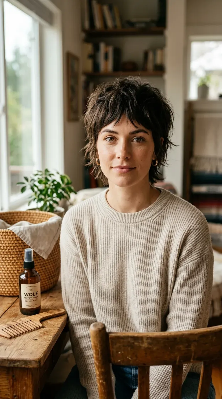 Woman with a wolf-cut inspired pixie combining shag layers and heavy texture
