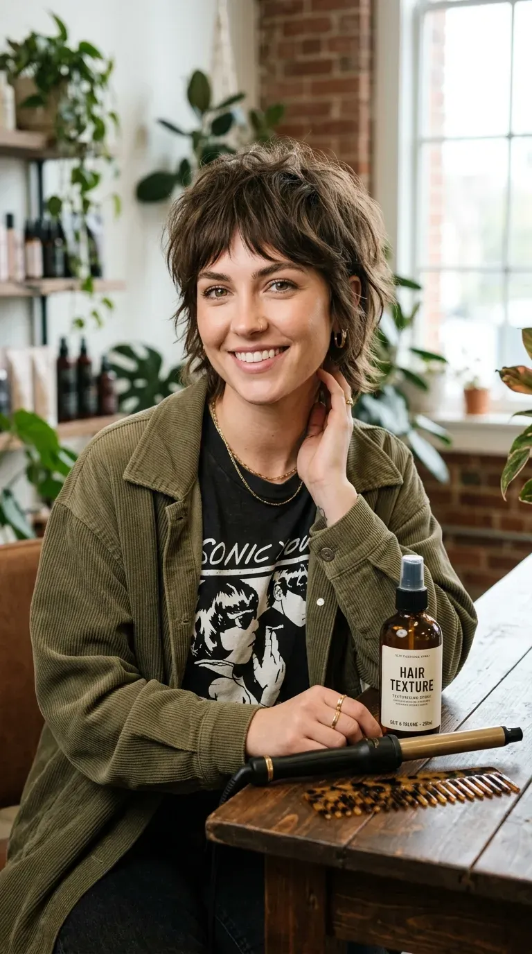 Woman with a wolf cut short shag combining shorter crown layers and choppy movement
