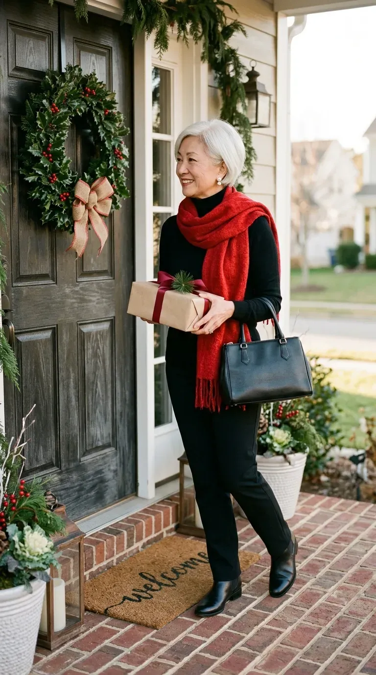 Woman over 50 in all-black outfit with a red wool scarf
